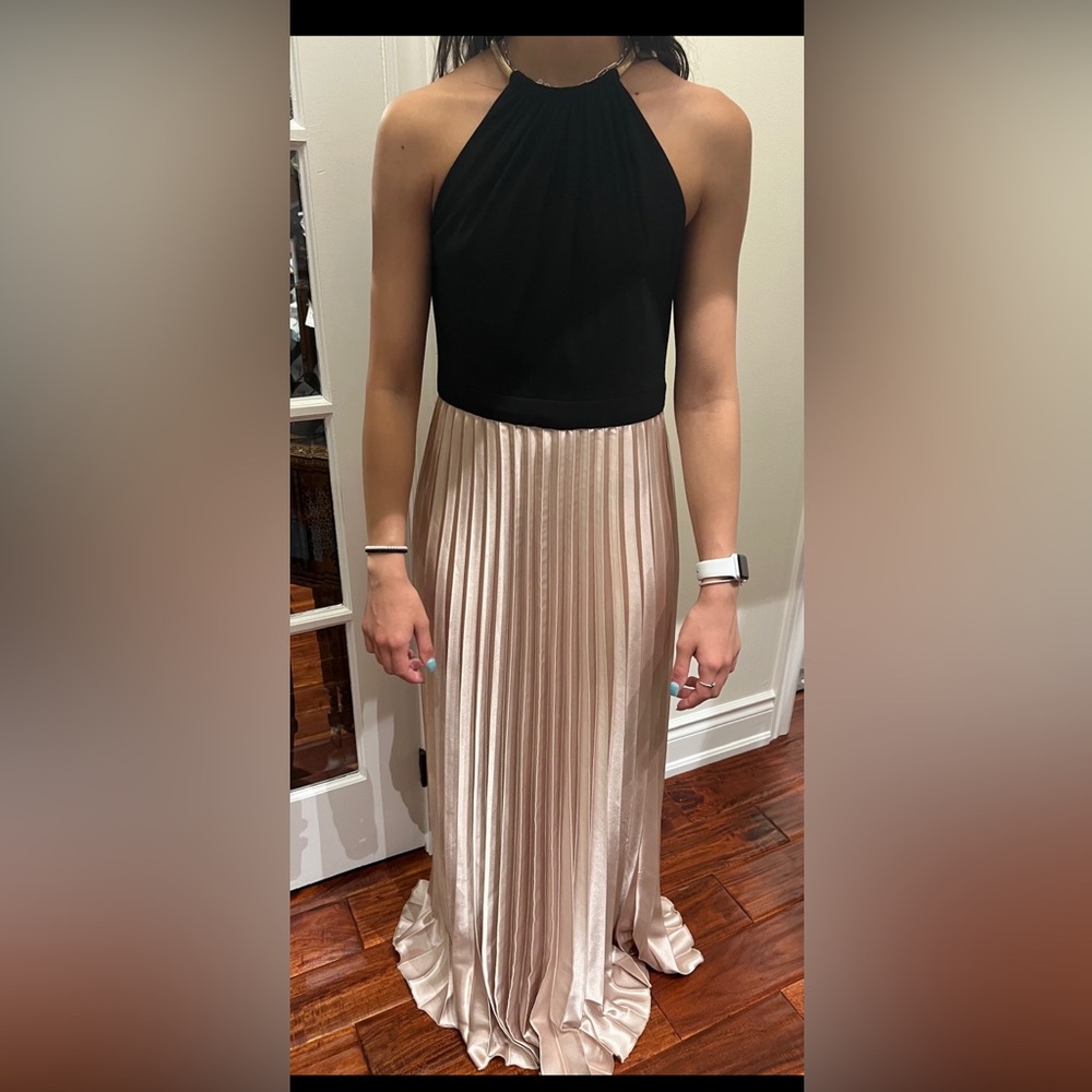Vintage Y2K XSCAPE Formal Long Dress  LIQUID GOLD SATIN Pleated, Halter.